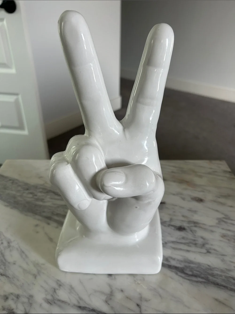 White Ceramic Peace Sign Hand Sculpture - Decorative Home Art